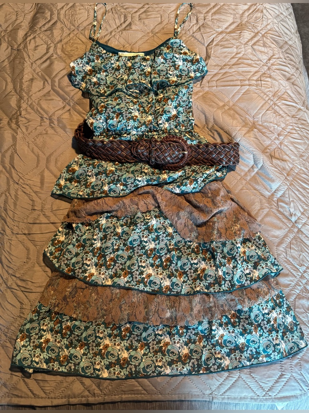 Maurices Floral Teal and Brown Tiered Dress W Belt. XL